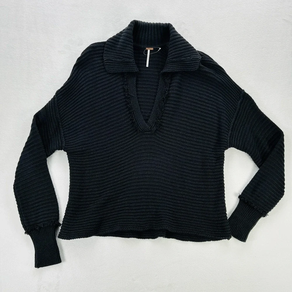 Free People Sweater Womens Small Black Chunky Rib Knit Collared Deep V Pullover